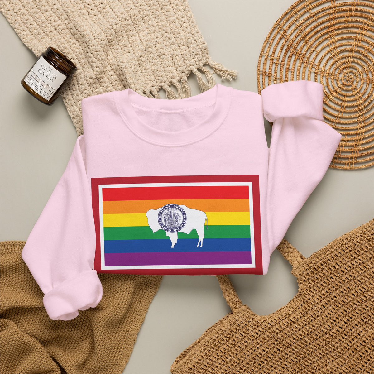 Wyoming Rainbow Pride Flag Unisex Crewneck Sweatshirt, White, Black or Light Pink