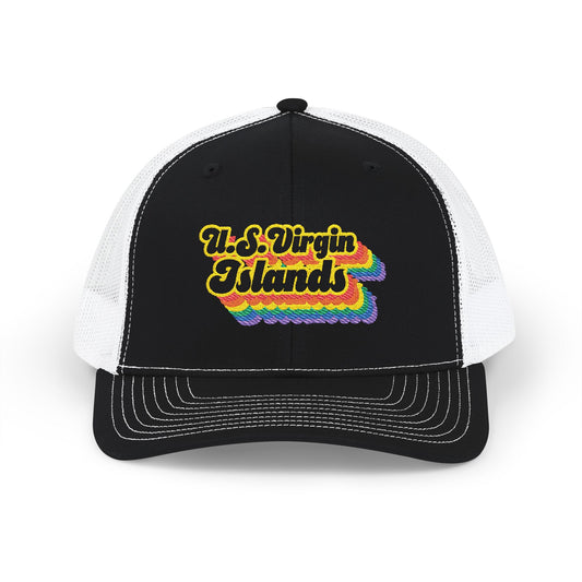 U.S. Virgin Islands Retro Rainbow Stack Embroidered Trucker, Snapback Trucker Cap, Black front with White mesh in back