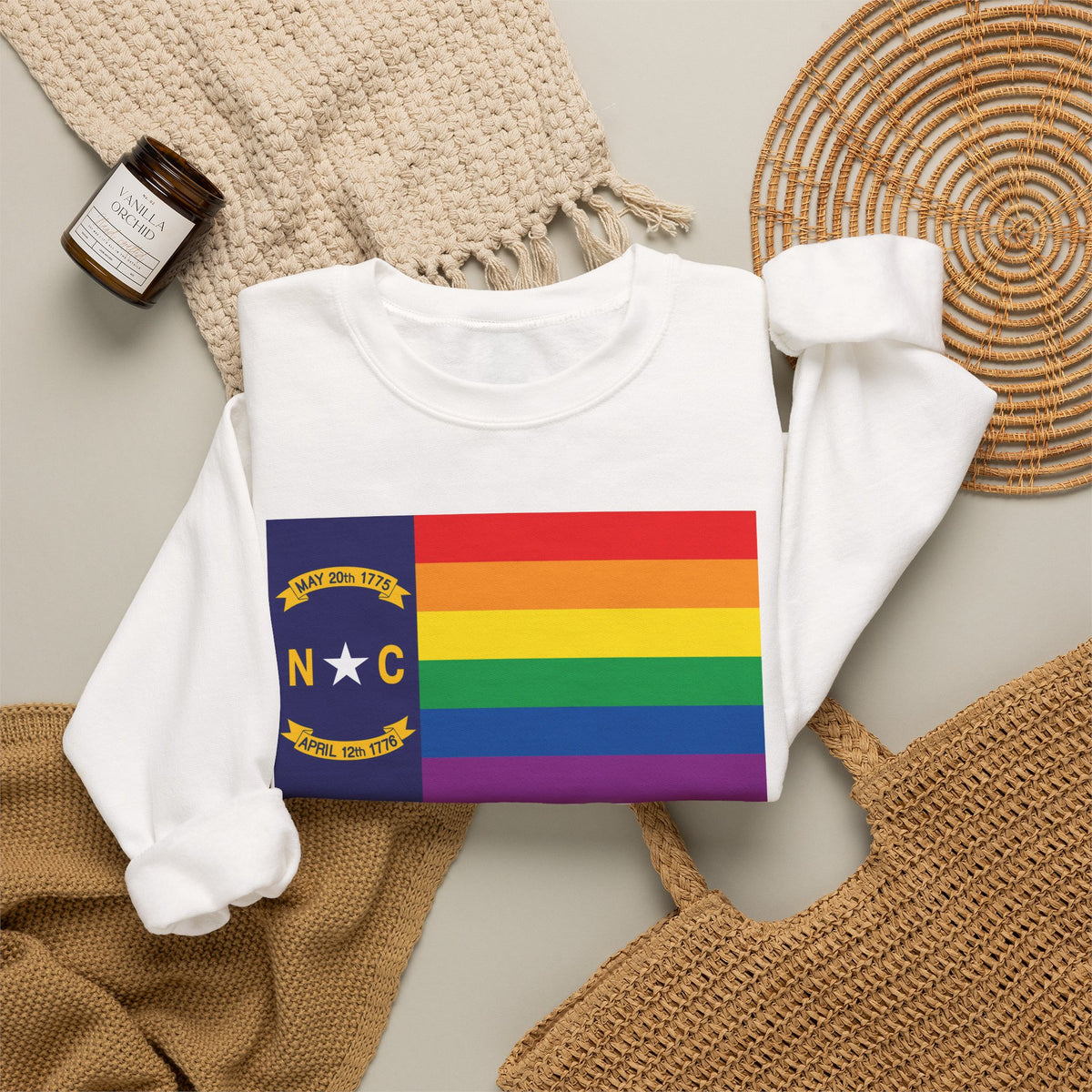 North Carolina Rainbow Pride Flag Unisex Crewneck Sweatshirt, White, Black or Light Pink