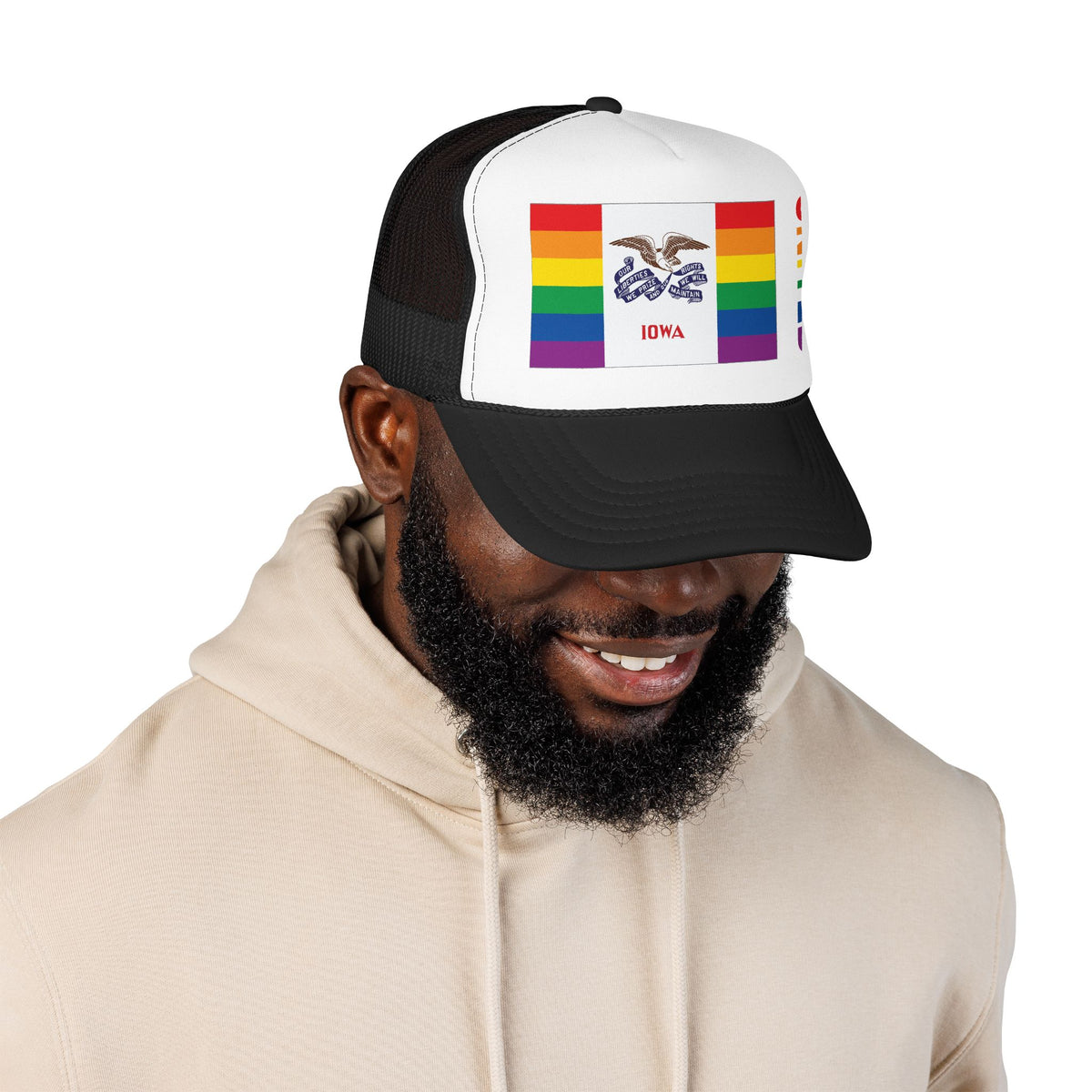 Iowa Rainbow Pride Flag "UNITED" Printed Foam Trucker Hat, Several Color Options