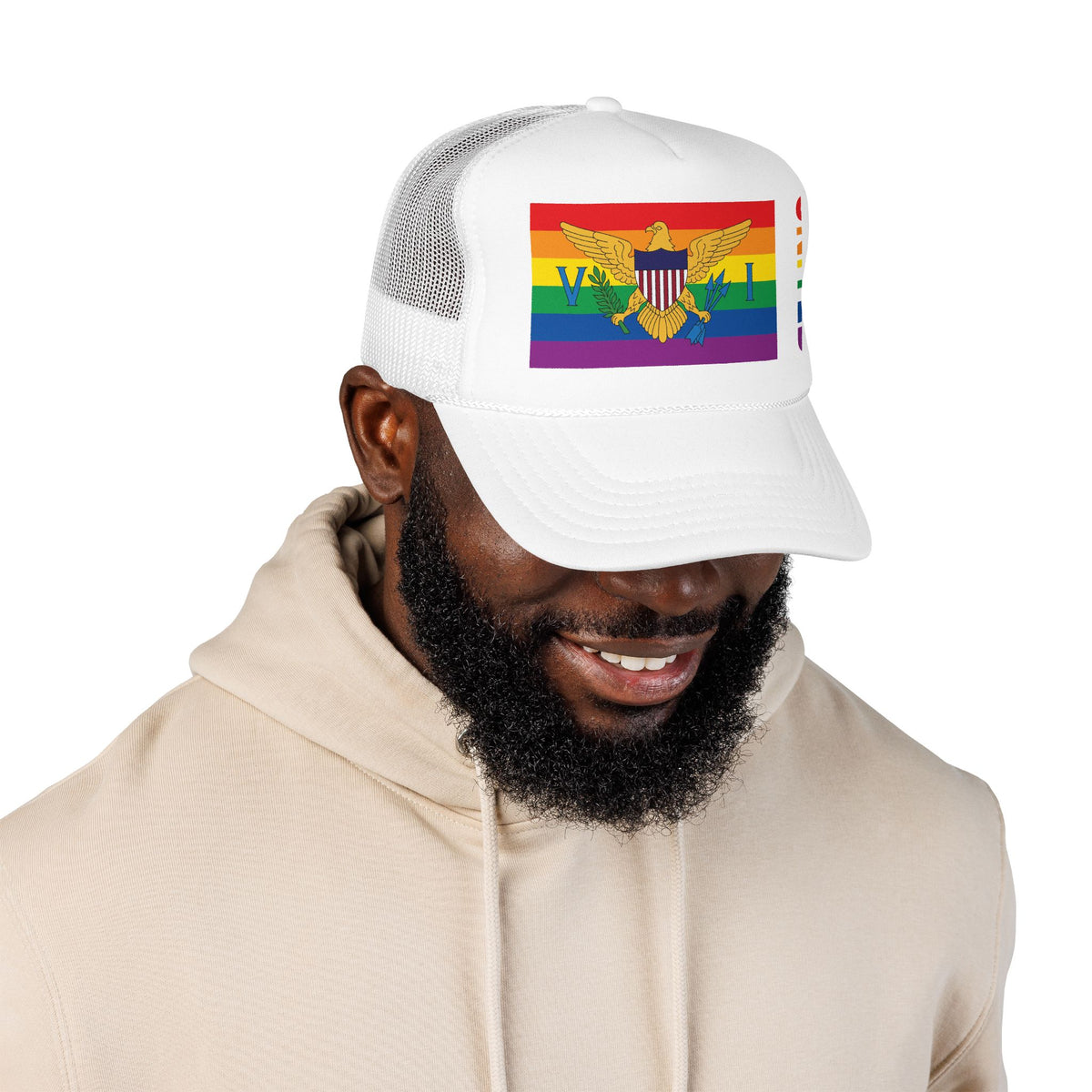 U.S. Virgin Islands Rainbow Pride Flag "UNITED" Printed Foam Trucker Hat, Several Color Options