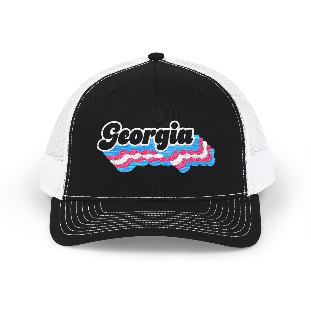 Georgia Transgender Pride Stack Embroidered Trucker, Snapback Trucker Cap, Black front with White mesh in back