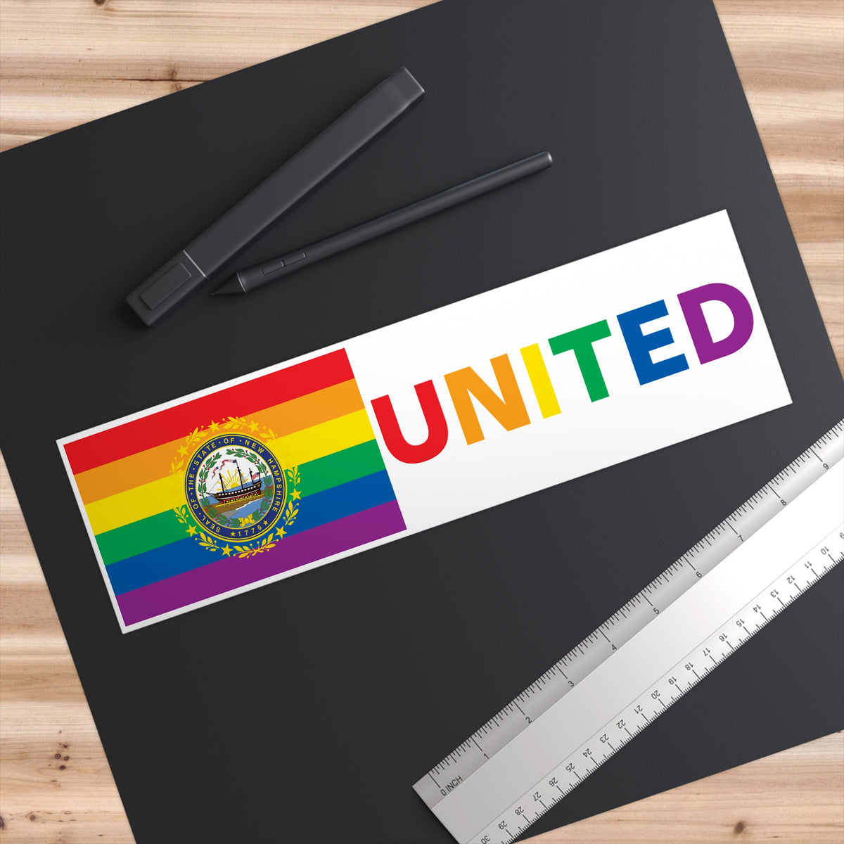 New Hampshire Rainbow Pride Flag "UNITED" Bumper Sticker