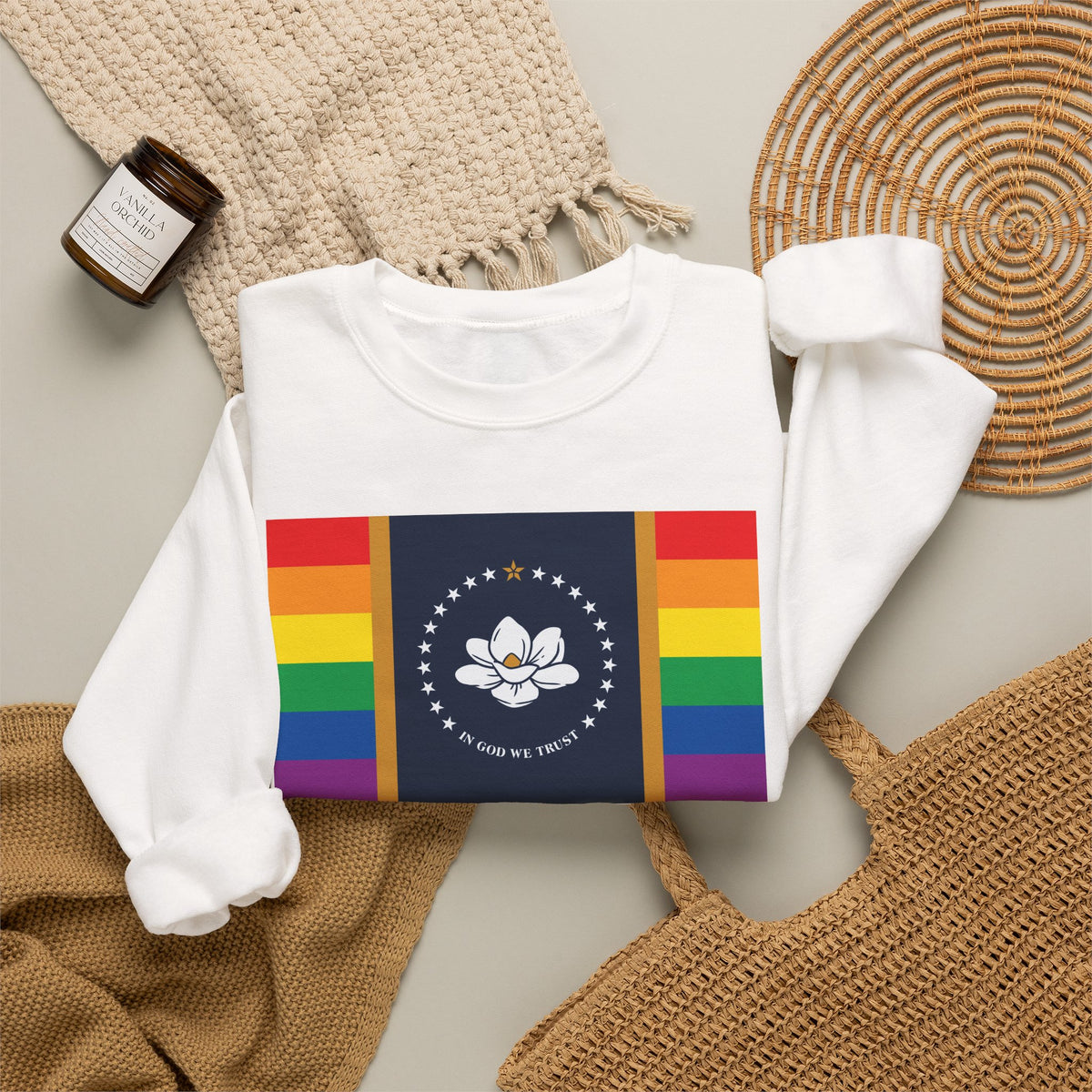 Mississippi Rainbow Pride Flag Unisex Crewneck Sweatshirt, White, Black or Light Pink