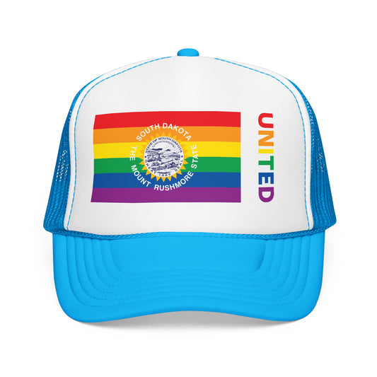 South Dakota Rainbow Pride Flag "UNITED" Printed Foam Trucker Hat, Several Color Options
