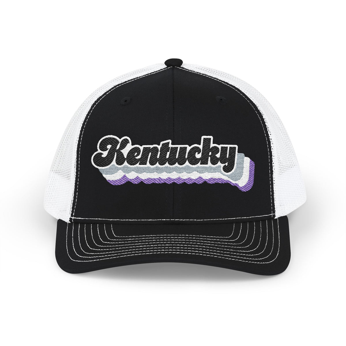 Kentucky Asexual Pride Stack Embroidered Trucker, Snapback Trucker Cap, Black front with White mesh in back