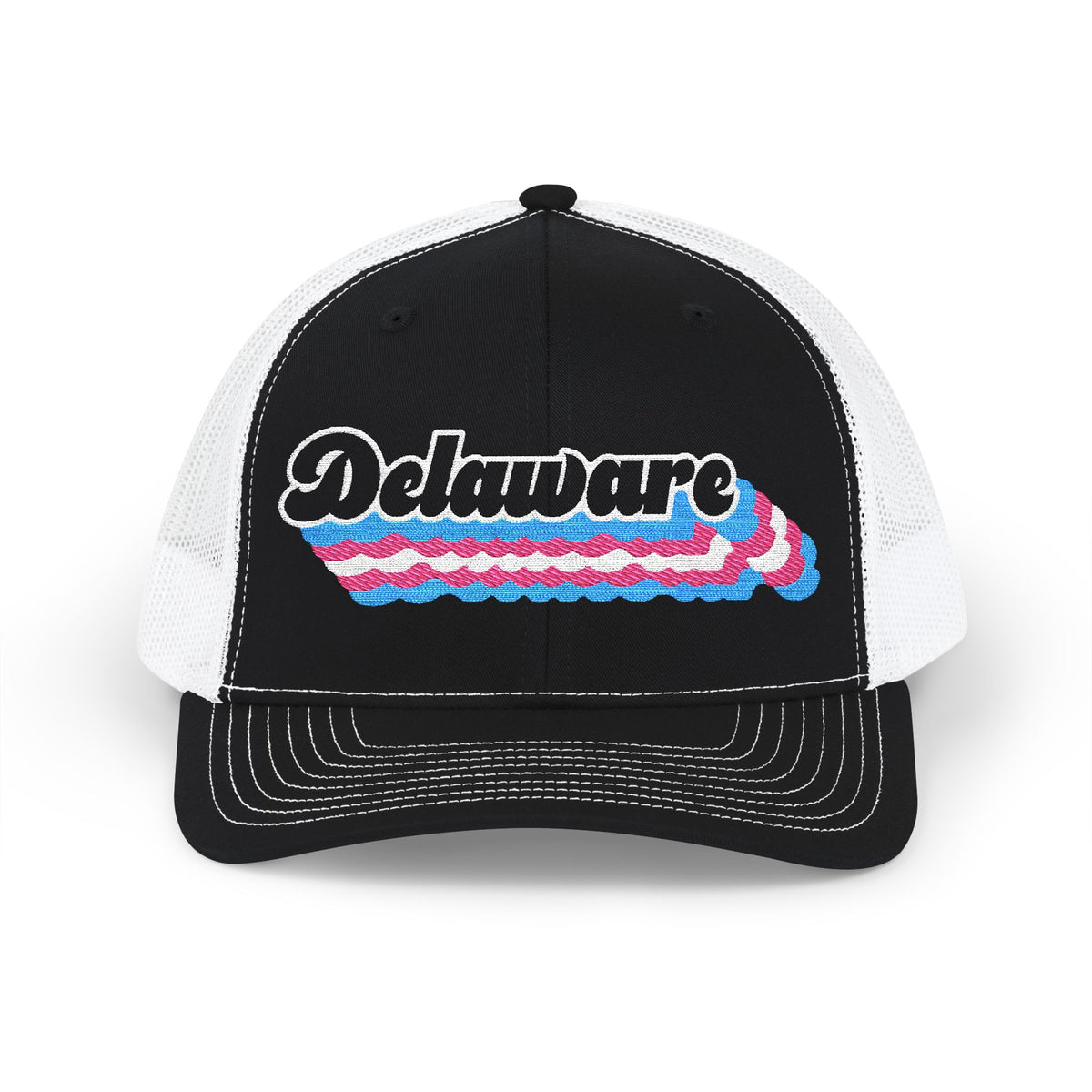 Delaware Transgender Pride Stack Embroidered Trucker, Snapback Trucker Cap, Black front with White mesh in back