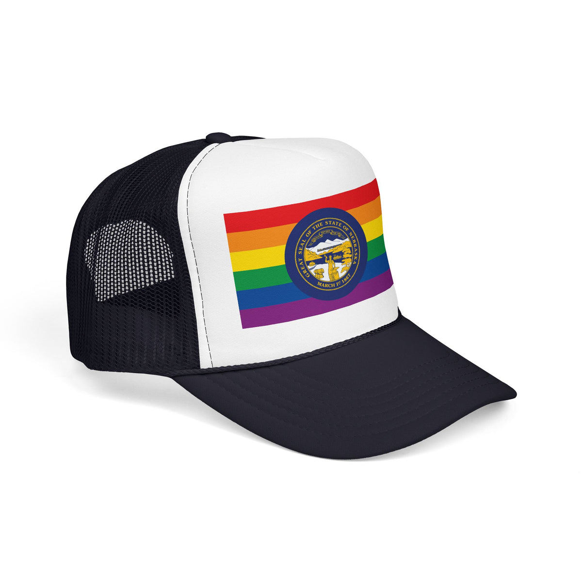 Nebraska Rainbow Pride Flag "UNITED" Printed Foam Trucker Hat, Several Color Options