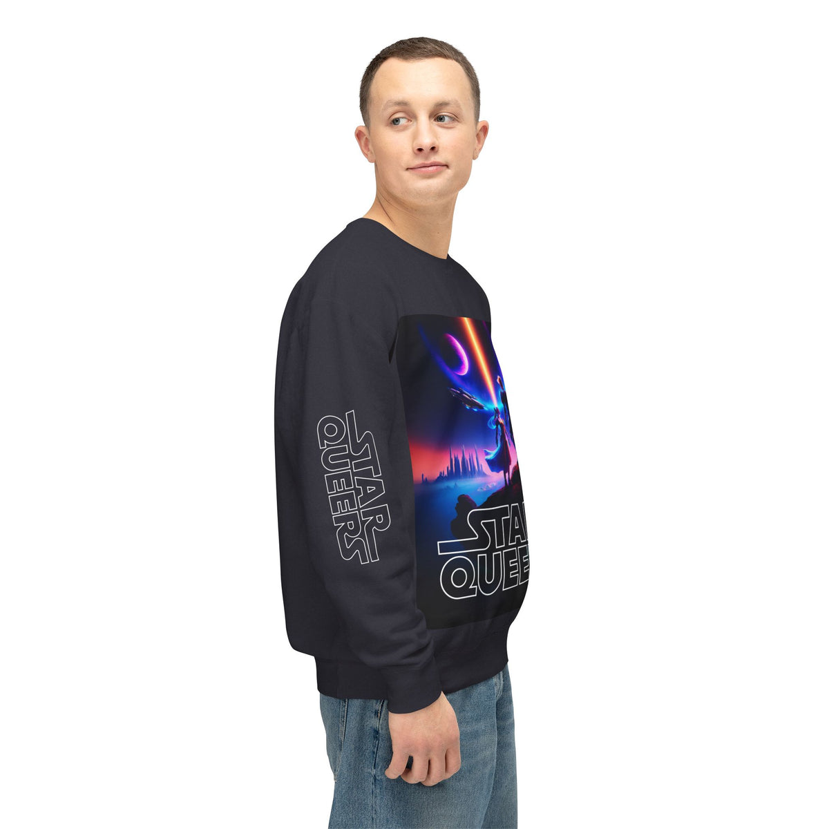 STAR QUEERS Graphic Universal Lightweight Crewneck Sweatshirt - Black and Neon Violet