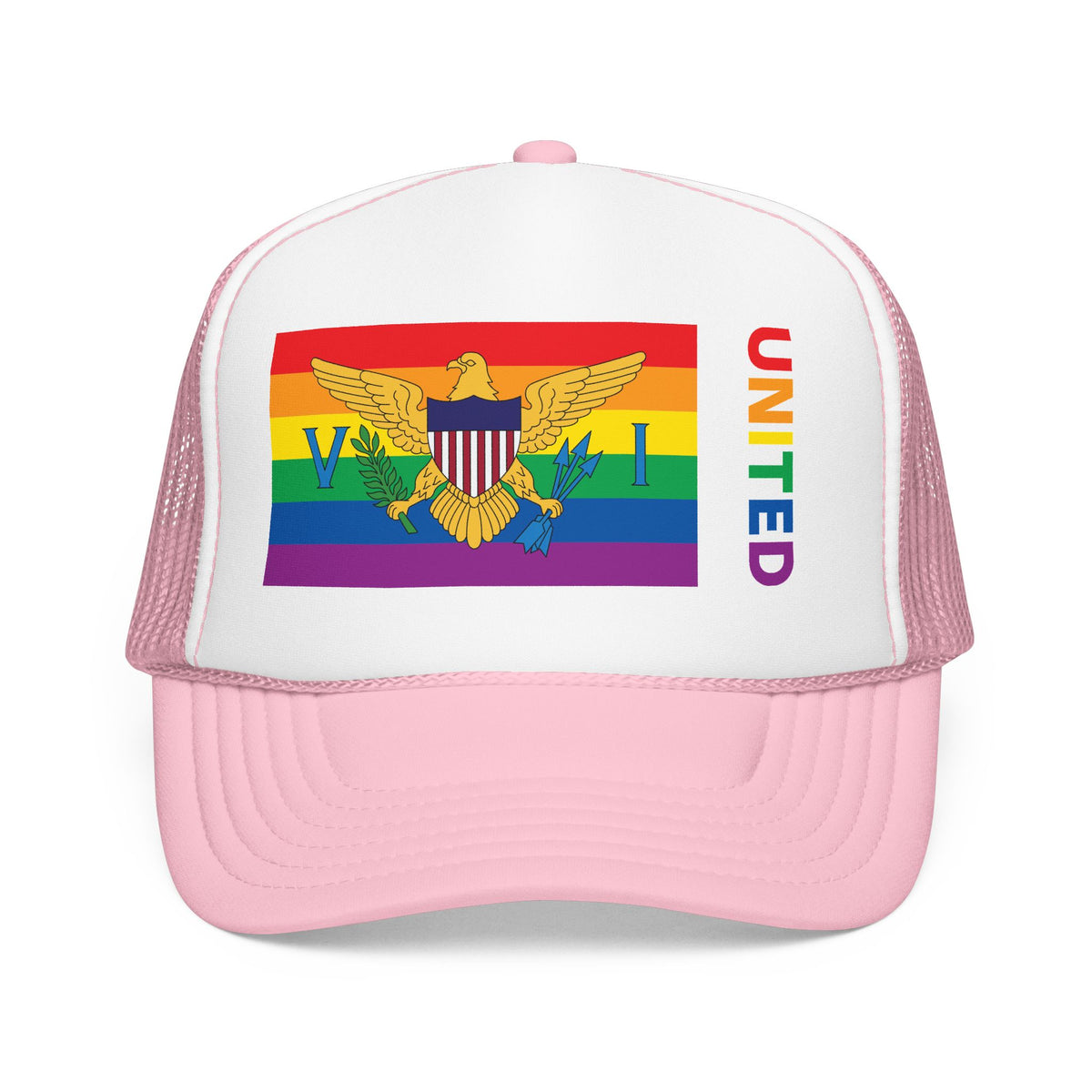 U.S. Virgin Islands Rainbow Pride Flag "UNITED" Printed Foam Trucker Hat, Several Color Options