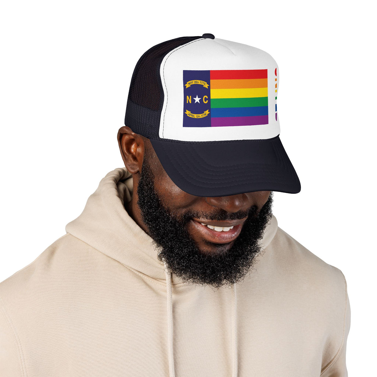 North Carolina Rainbow Pride Flag "UNITED" Printed Foam Trucker Hat, Several Color Options