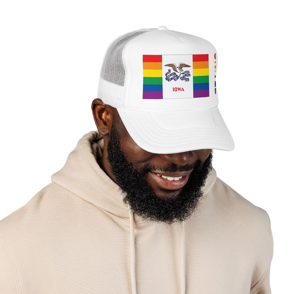 Iowa Rainbow Pride Flag "UNITED" Printed Foam Trucker Hat, Several Color Options