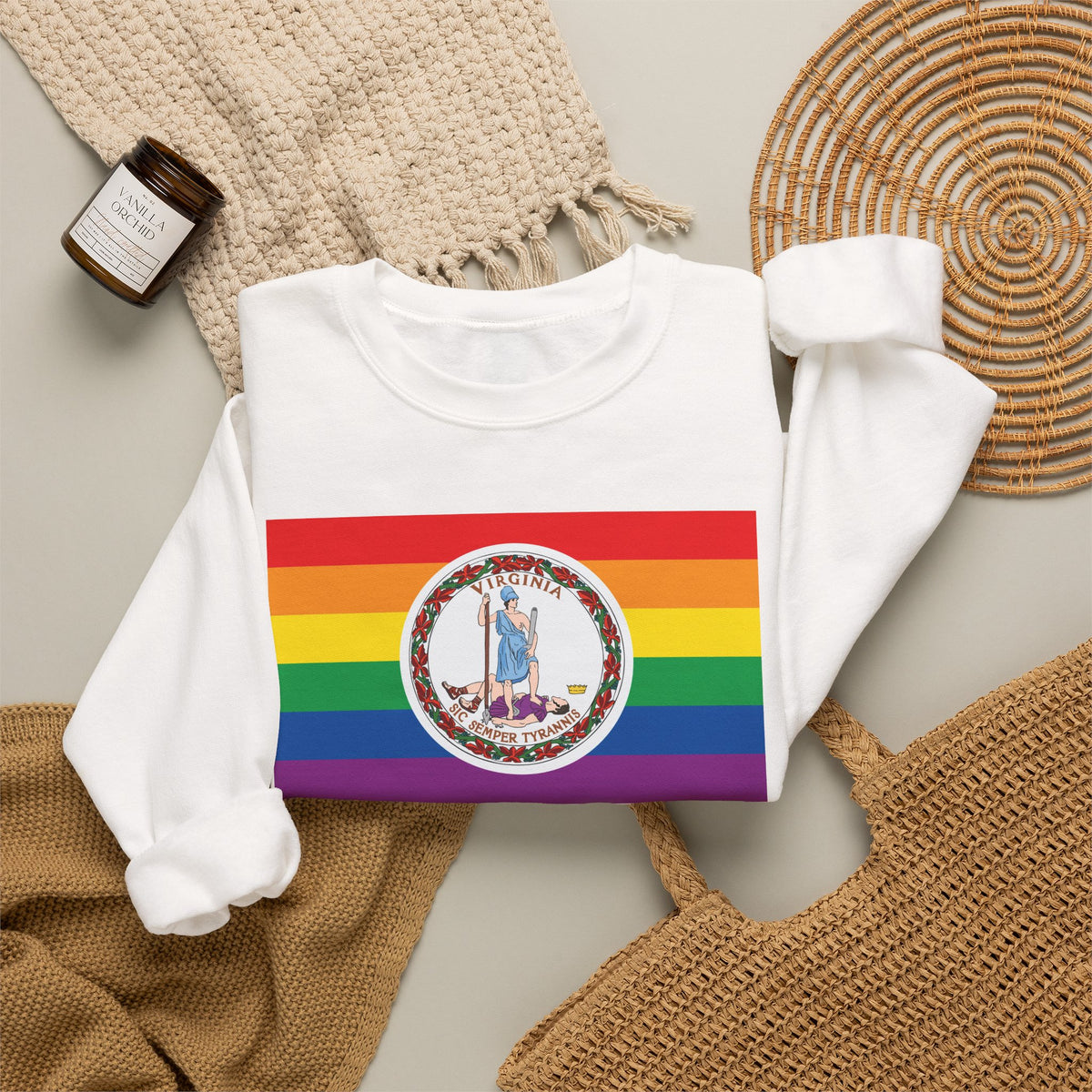 Virginia Rainbow Pride Flag Unisex Crewneck Sweatshirt, White, Black or Light Pink