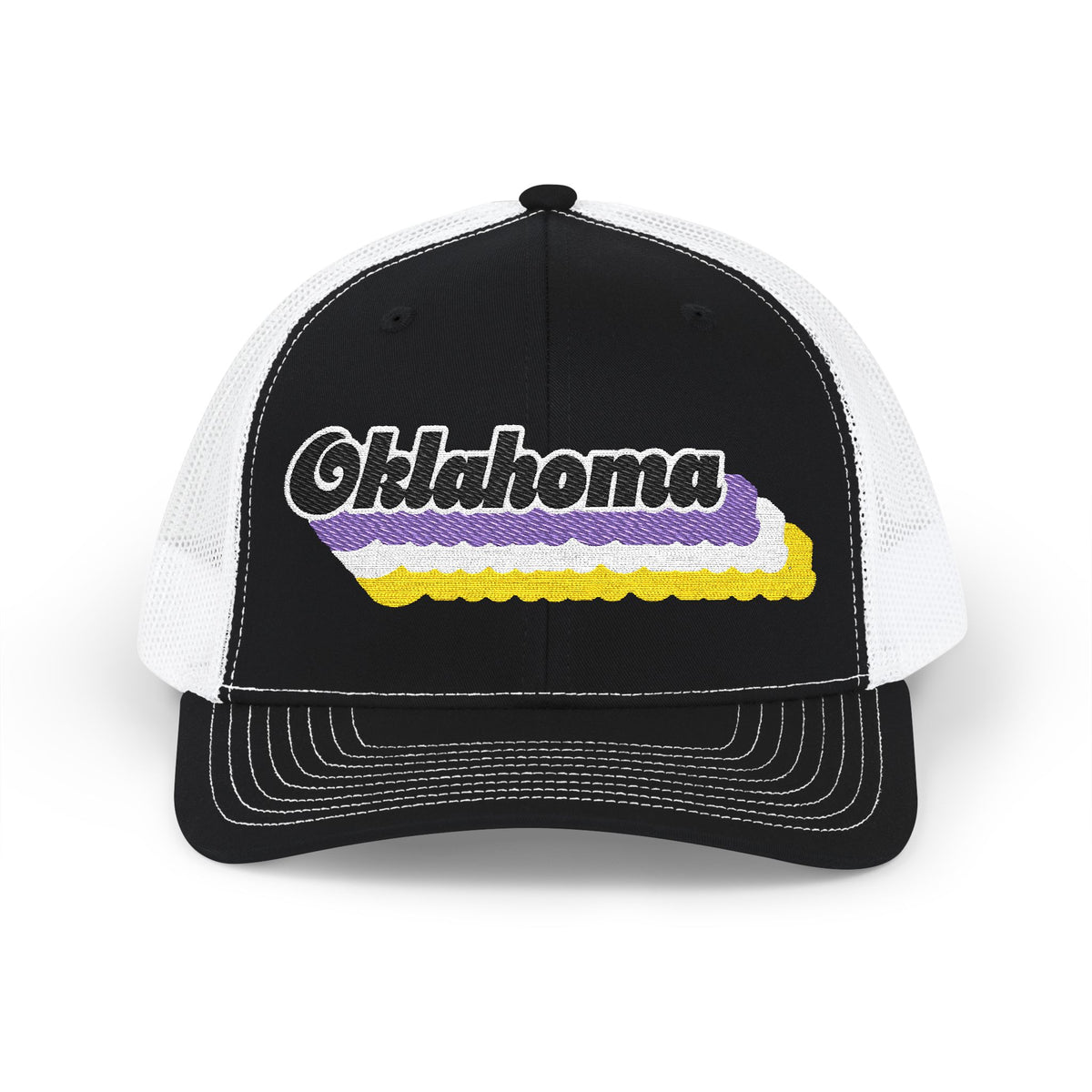 Oklahoma Non-binary Pride Stack Embroidered Trucker, Snapback Trucker Cap, Black front with White mesh in back