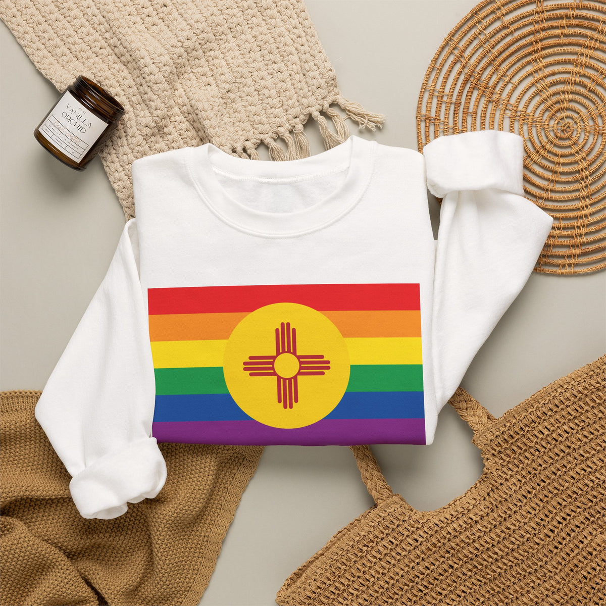 New Mexico Rainbow Pride Flag Unisex Crewneck Sweatshirt, White, Black or Light Pink