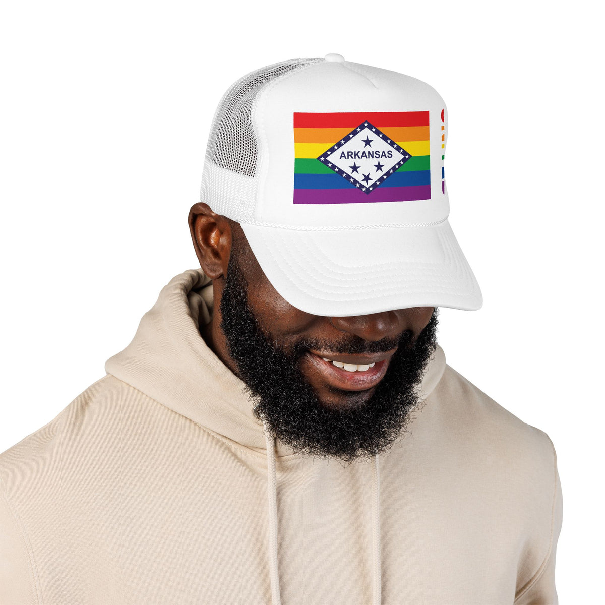Arkansas Rainbow Pride Flag "UNITED" Printed Foam Trucker Hat, Several Color Options