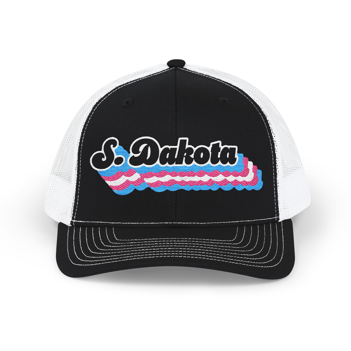 South Dakota Transgender Pride Stack Embroidered Trucker, Snapback Trucker Cap, Black front with White mesh in back