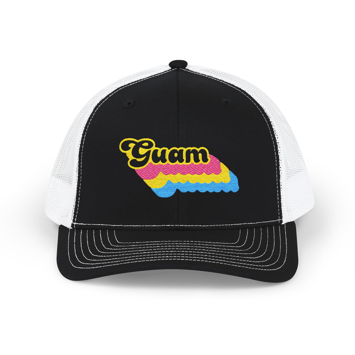 Guam Pansexual Pride Stack Embroidered Trucker, Snapback Trucker Cap, Black front with White mesh in back