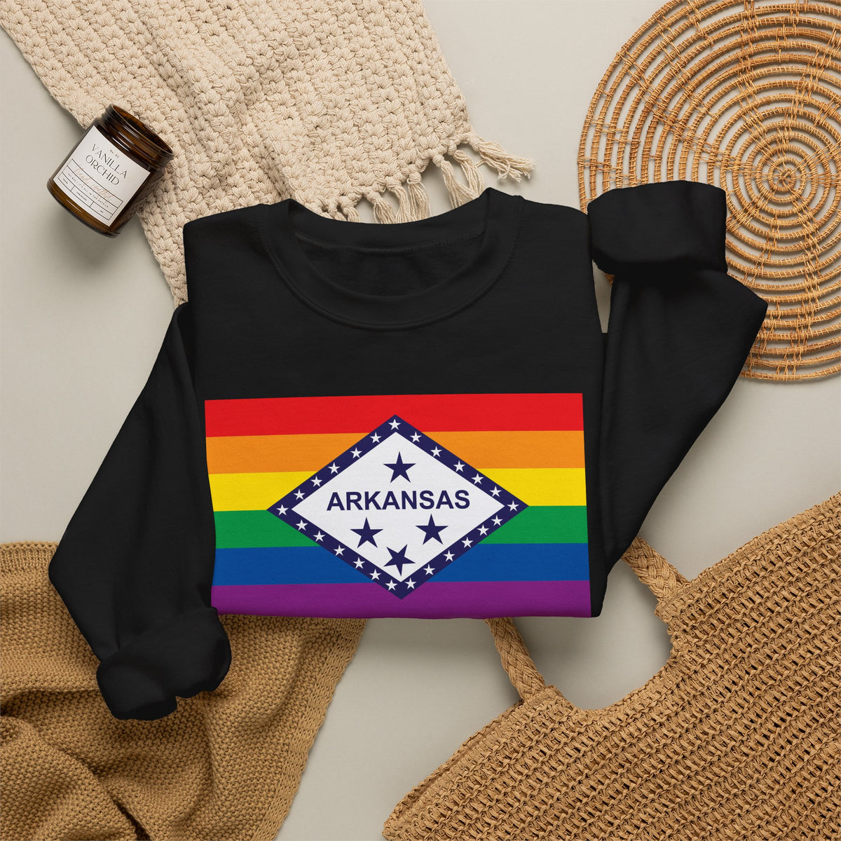 Arkansas Rainbow Pride Flag Unisex Crewneck Sweatshirt, White, Black or Light Pink