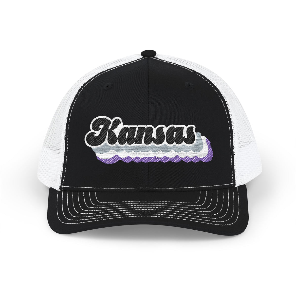 Kansas Asexual Pride Stack Embroidered Trucker, Snapback Trucker Cap, Black front with White mesh in back