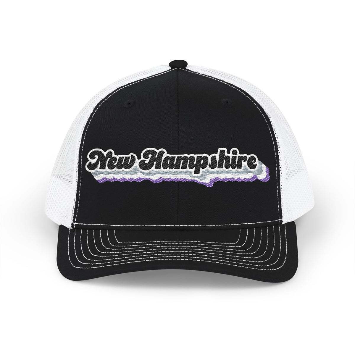 New Hampshire Asexual Pride Stack Embroidered Trucker, Snapback Trucker Cap, Black front with White mesh in back