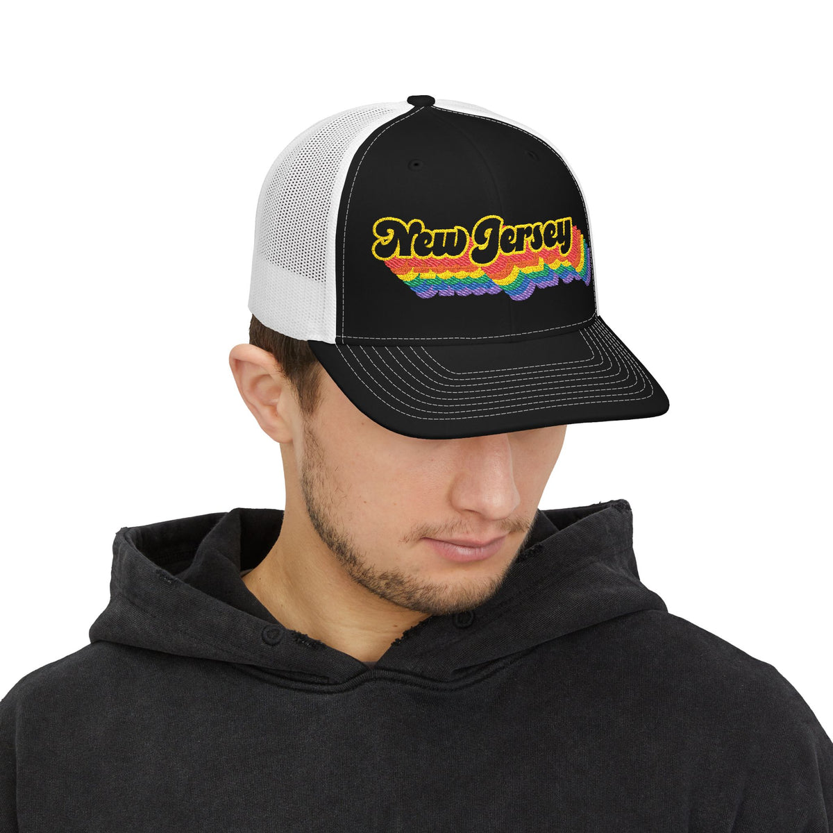 New Jersey Retro Rainbow Stack Embroidered Trucker, Snapback Trucker Cap, Black front with White mesh in back