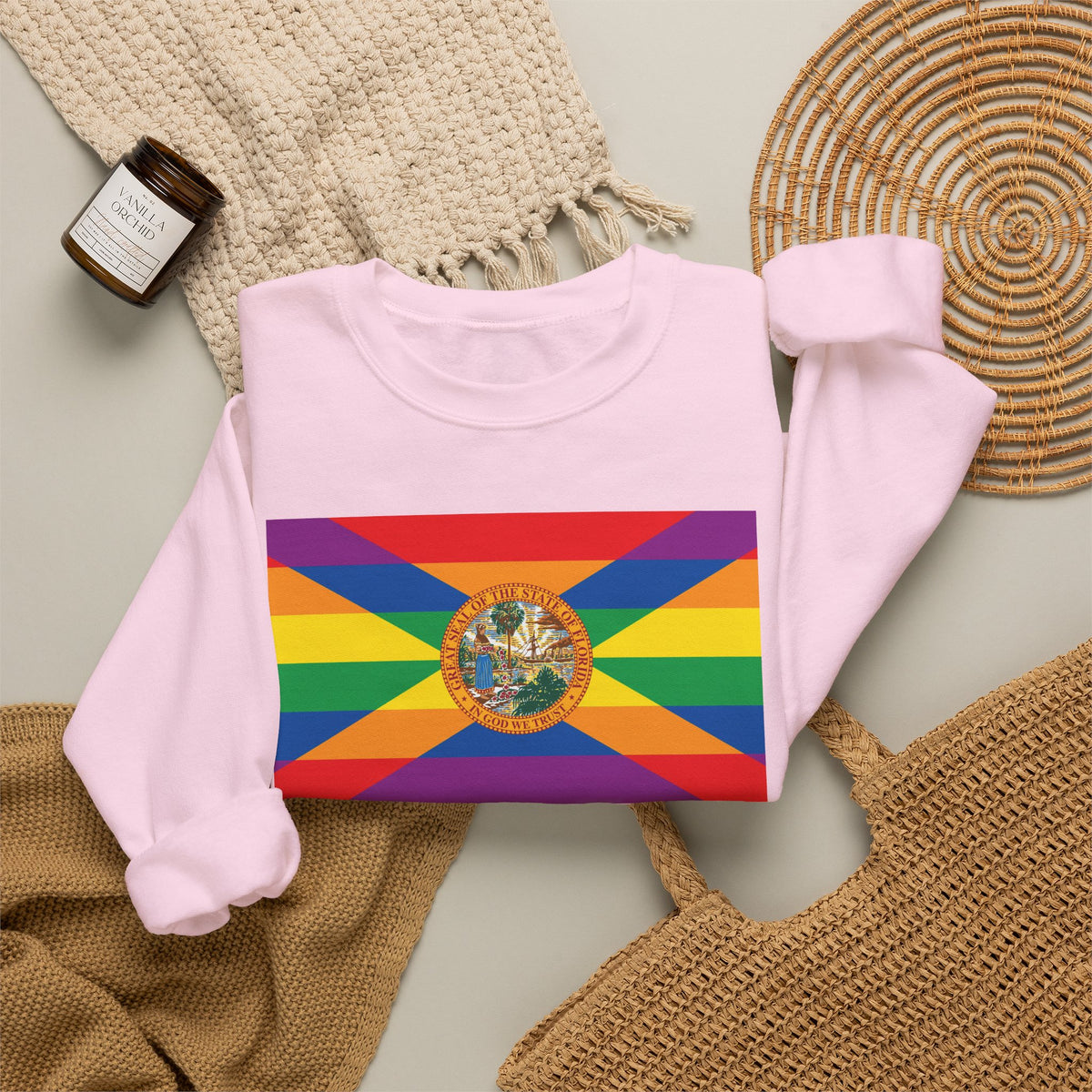 Florida Rainbow Pride Flag Unisex Crewneck Sweatshirt, White, Black or Light Pink