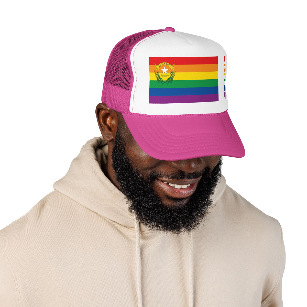Nevada Rainbow Pride Flag "UNITED" Printed Foam Trucker Hat, Several Color Options