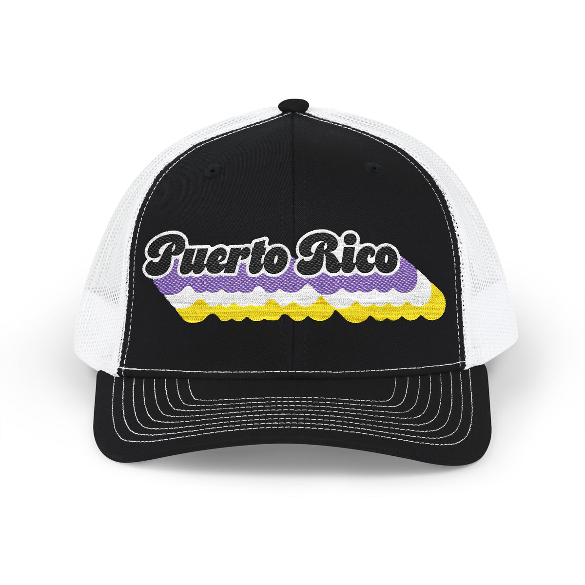 Puerto Rico Non-binary Pride Stack Embroidered Trucker, Snapback Trucker Cap, Black front with White mesh in back