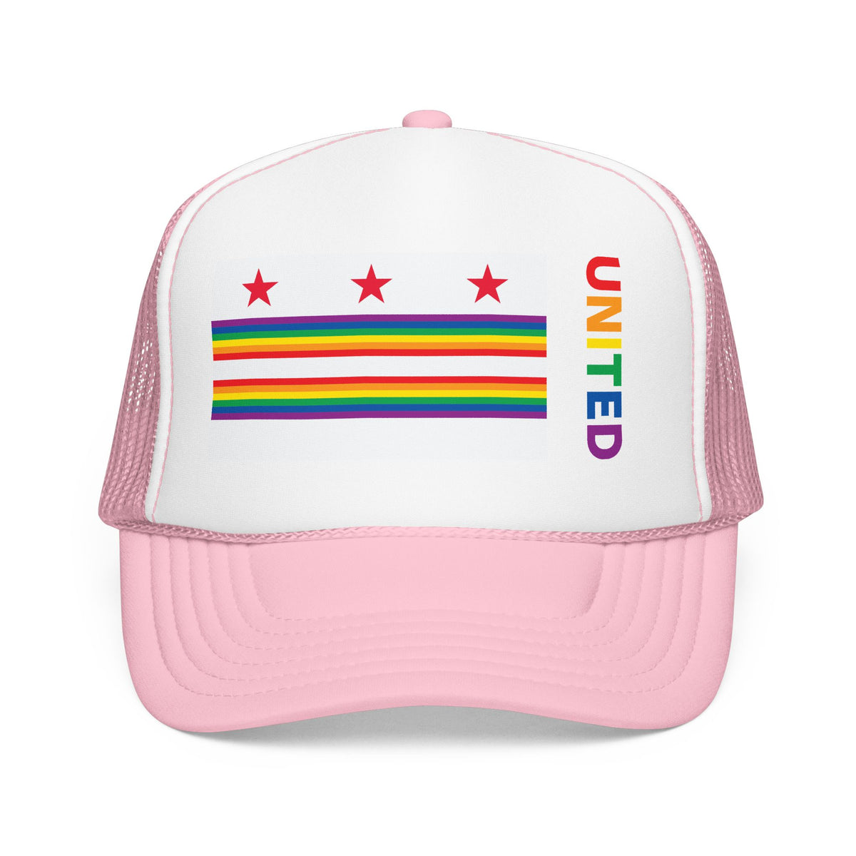 Washington, D.C. Rainbow Pride Flag "UNITED" Printed Foam Trucker Hat, Several Color Options
