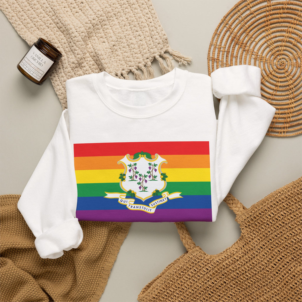 Connecticut Rainbow Pride Flag Unisex Crewneck Sweatshirt, White, Black or Light Pink