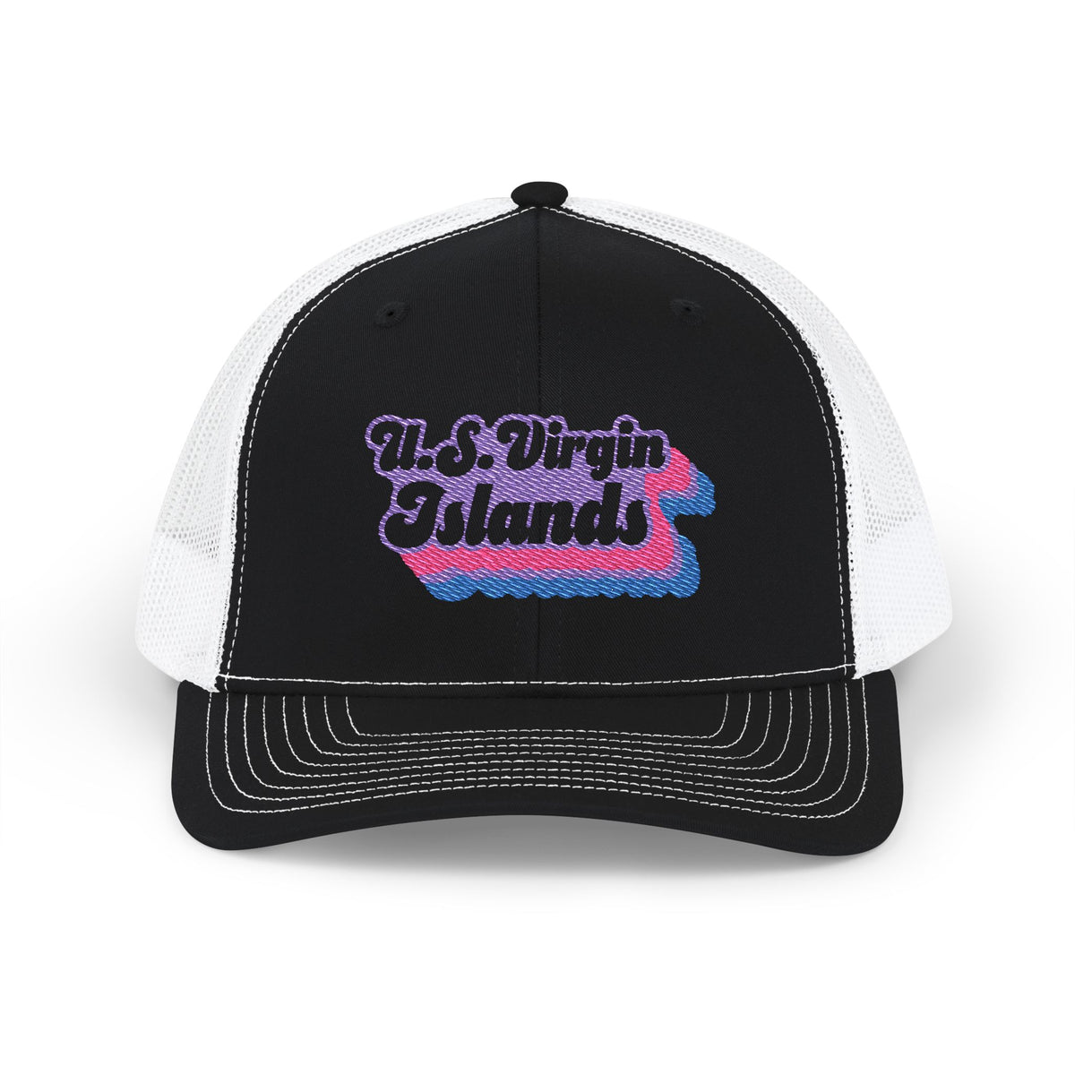 U.S. Virgin Islands Bisexual Pride Stack Embroidered Trucker, Snapback Trucker Cap, Black front with White mesh in back