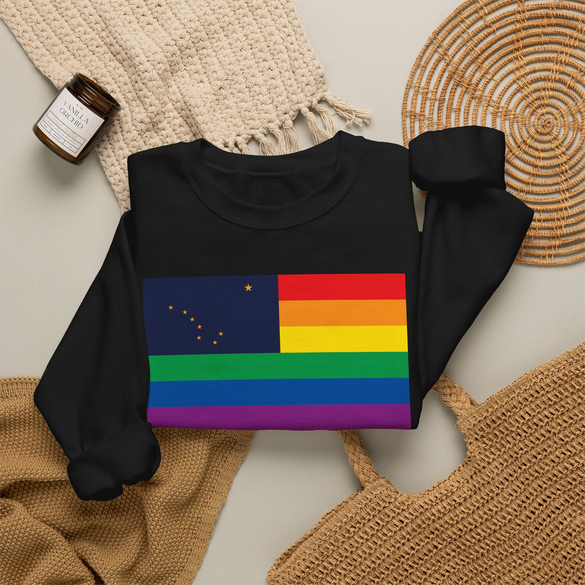 Alaska Rainbow Pride Flag Unisex Crewneck Sweatshirt, White, Black or Light Pink