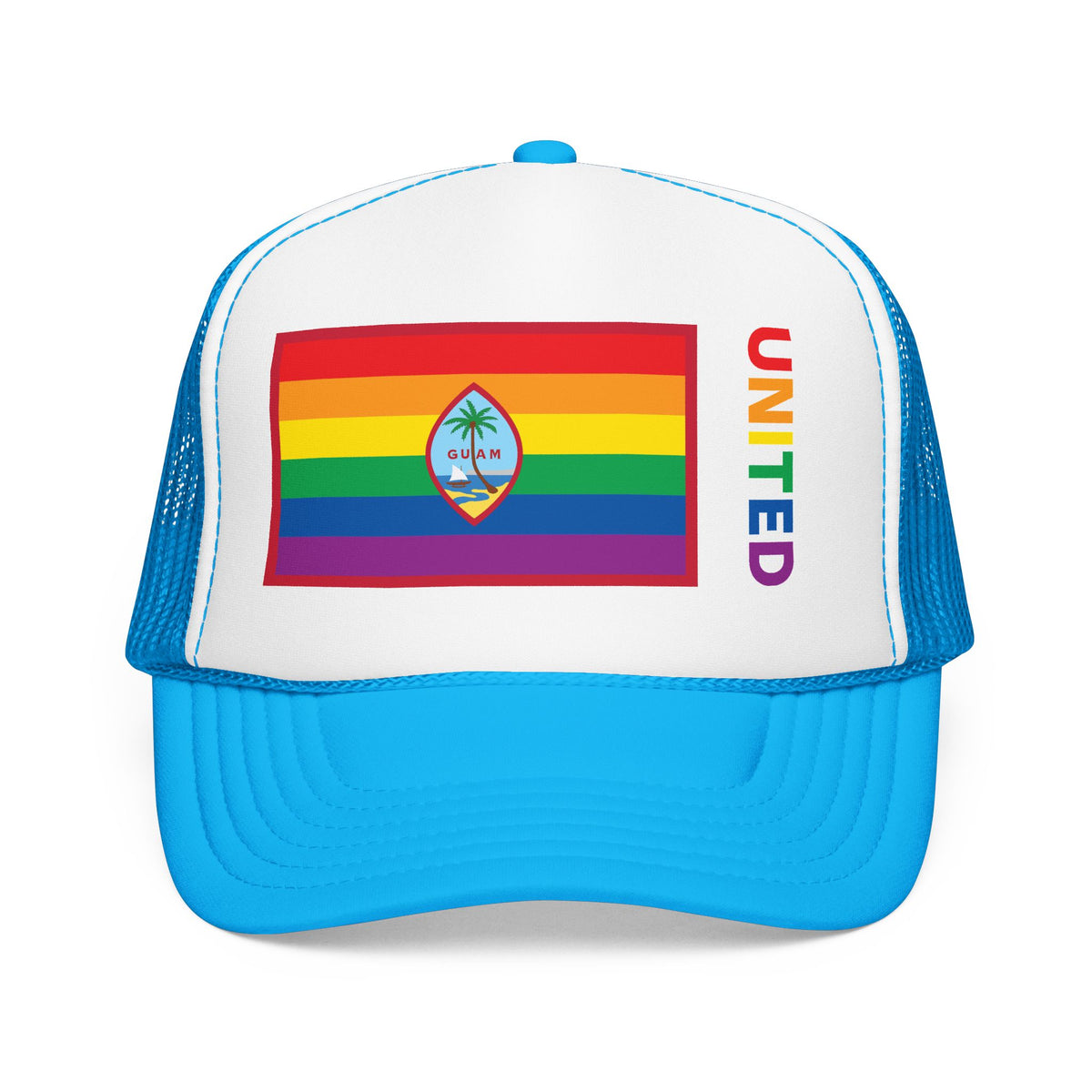 Guam Rainbow Pride Flag "UNITED" Printed Foam Trucker Hat, Several Color Options