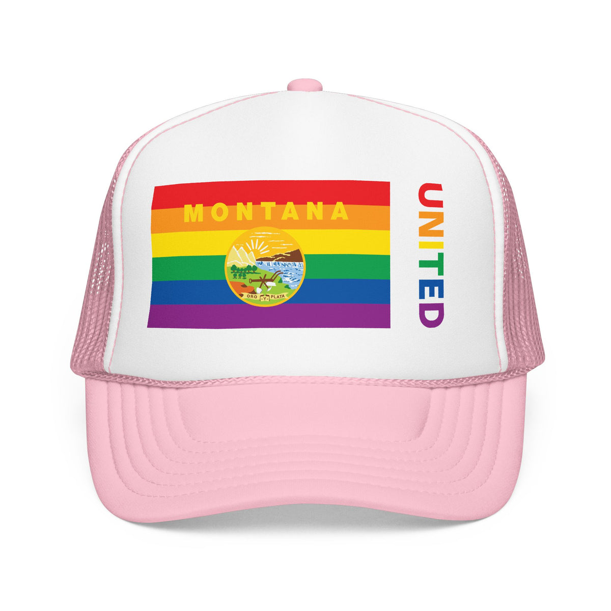 Montana Rainbow Pride Flag "UNITED" Printed Foam Trucker Hat, Several Color Options
