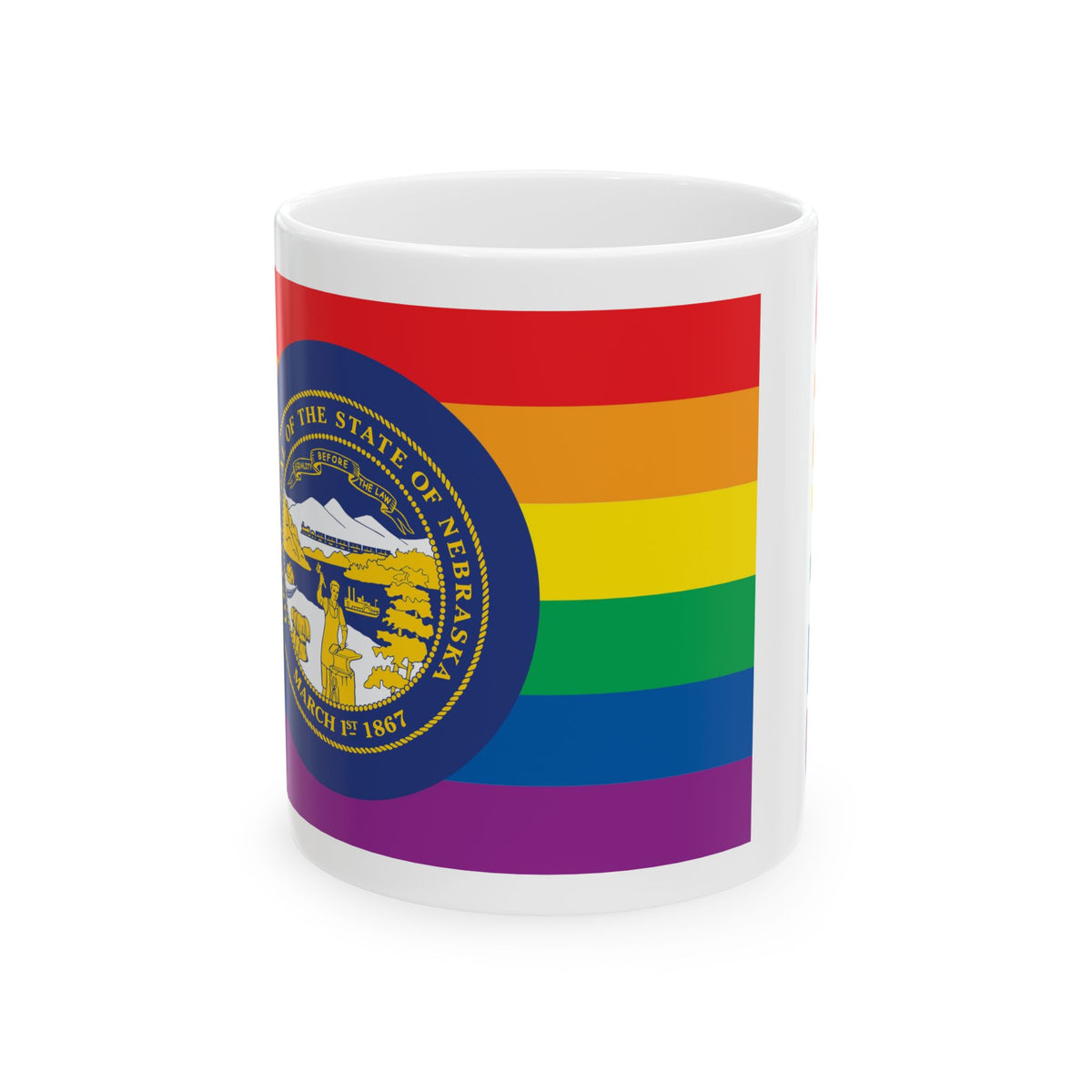 Nebraska Rainbow Pride Flag "UNITED" Ceramic Mug
