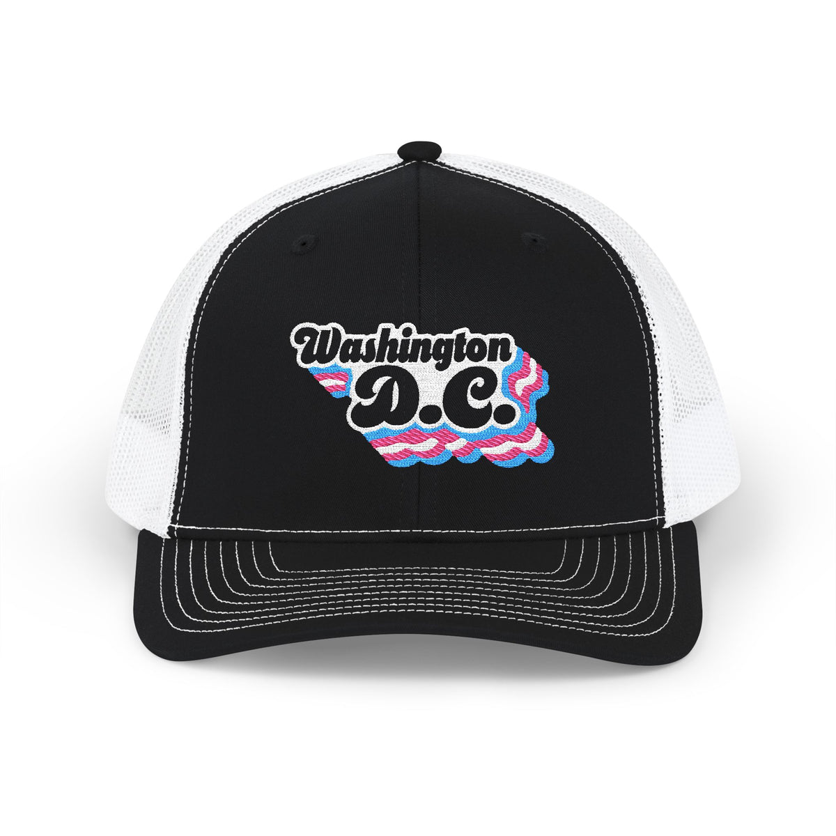 Washington, D.C. Transgender Pride Stack Embroidered Trucker, Snapback Trucker Cap, Black front with White mesh in back
