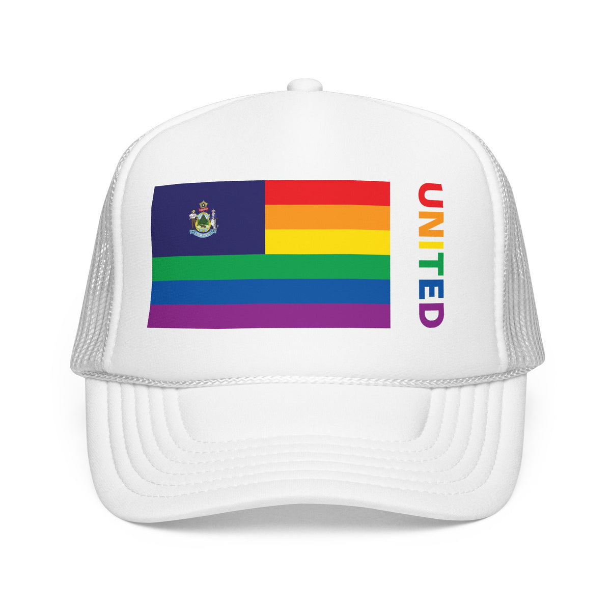 Maine Rainbow Pride Flag "UNITED" Printed Foam Trucker Hat, Several Color Options