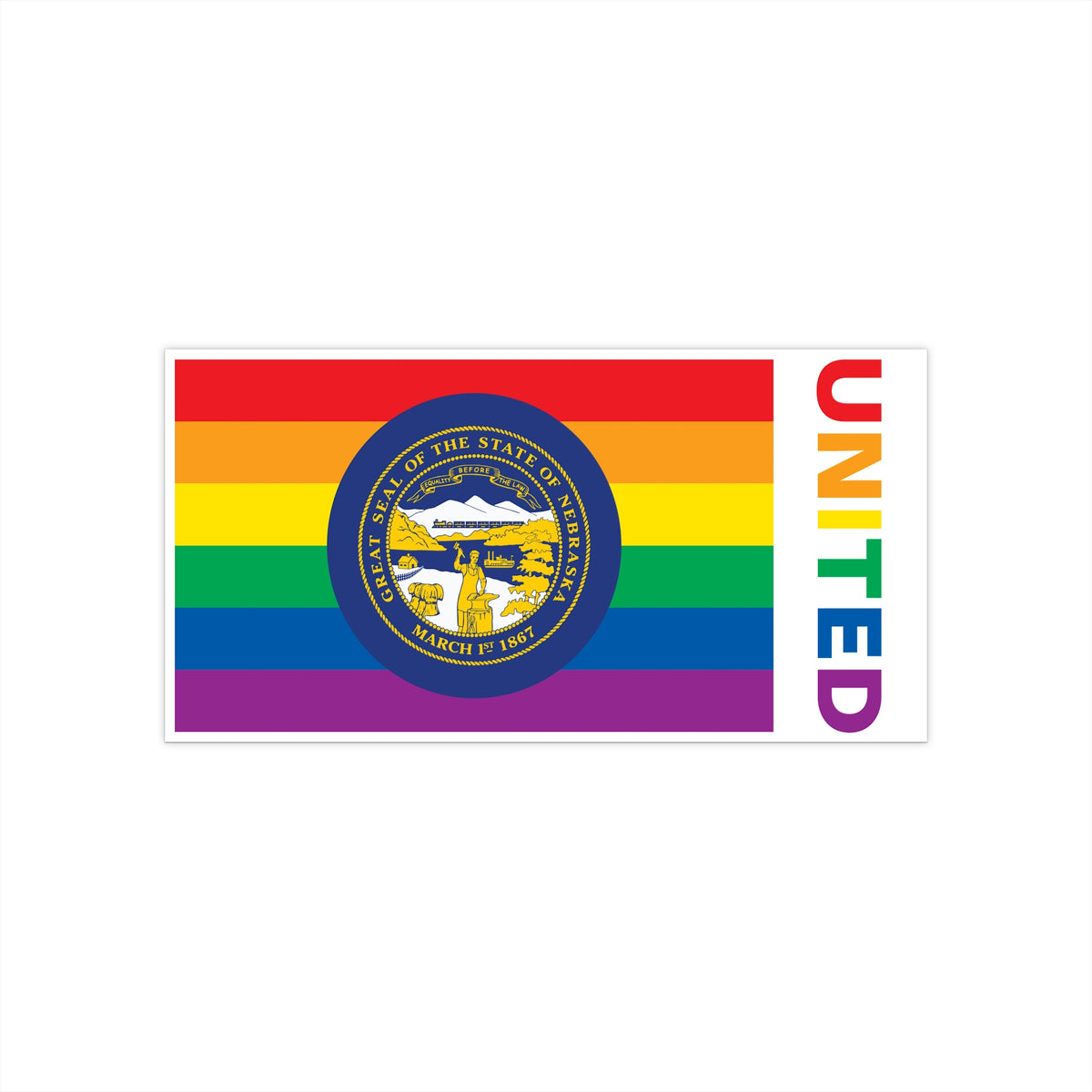 Nebraska Rainbow Pride Flag "UNITED" Bumper Sticker