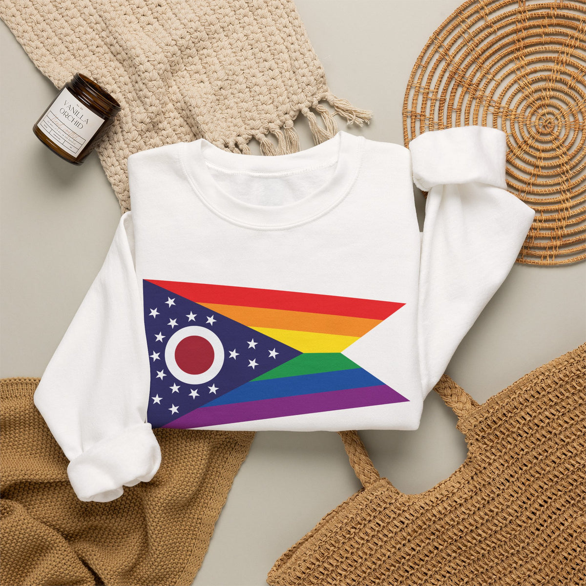 Ohio Rainbow Pride Flag Unisex Crewneck Sweatshirt, White, Black or Light Pink