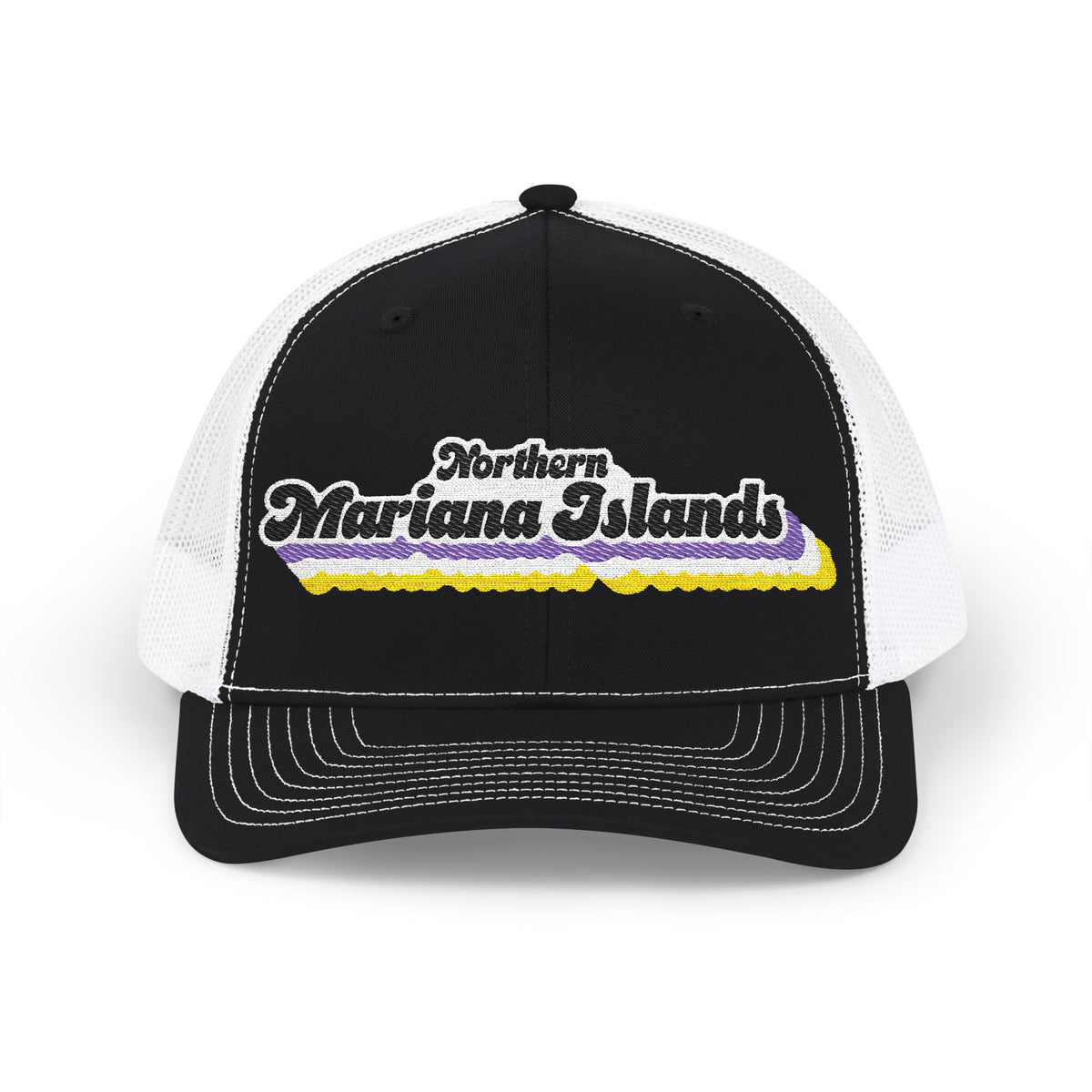 Northern Mariana Islands Non-binary Pride Stack Embroidered Trucker, Snapback Trucker Cap, Black front with White mesh in back