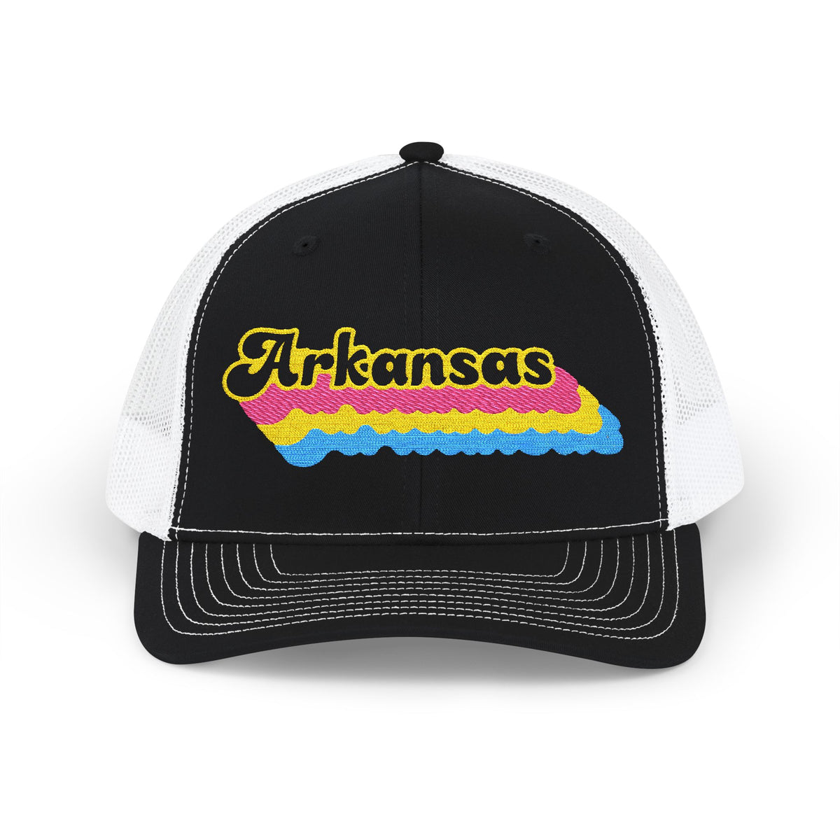 Arkansas Pansexual Pride Stack Embroidered Trucker, Snapback Trucker Cap, Black front with White mesh in back