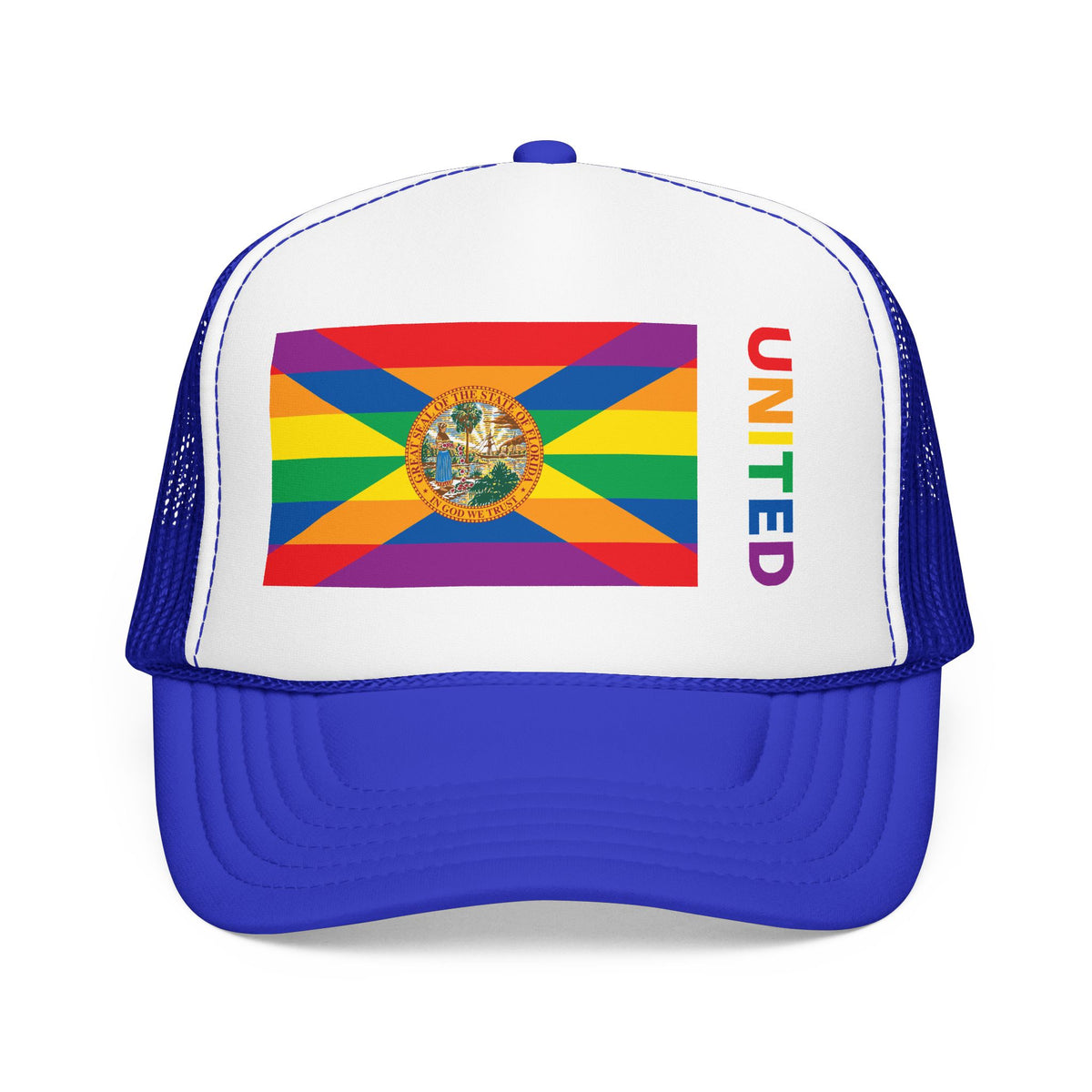 Florida Rainbow Pride Flag "UNITED" Printed Foam Trucker Hat, Several Color Options