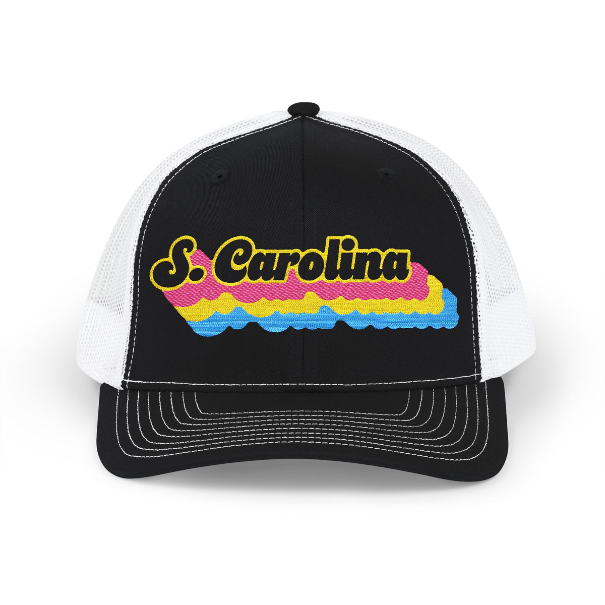 South Carolina Pansexual Pride Stack Embroidered Trucker, Snapback Trucker Cap, Black front with White mesh in back