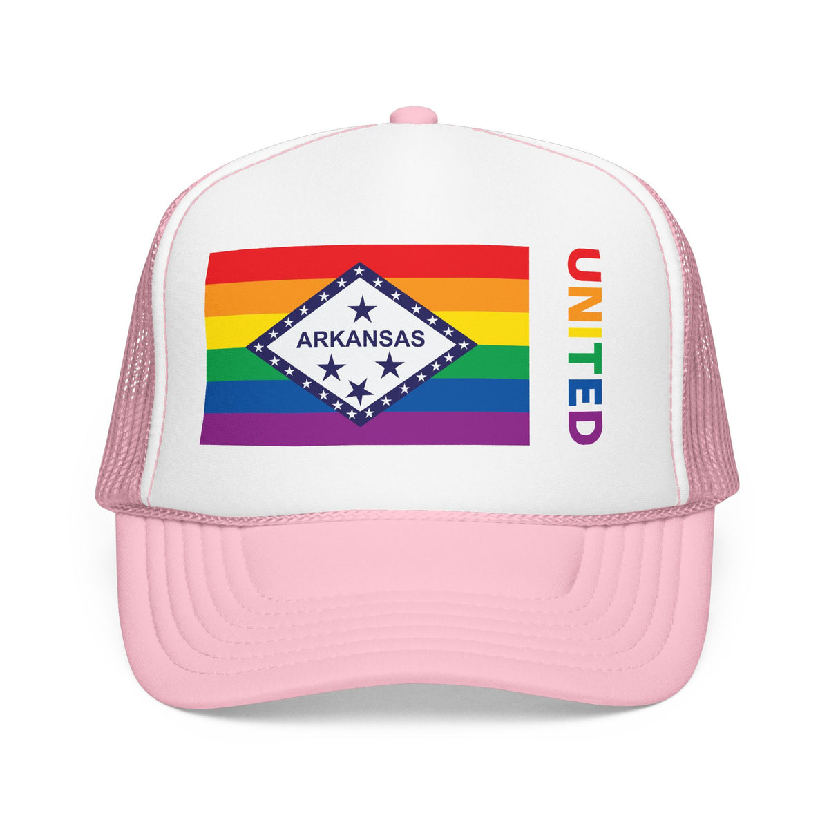 Arkansas Rainbow Pride Flag "UNITED" Printed Foam Trucker Hat, Several Color Options