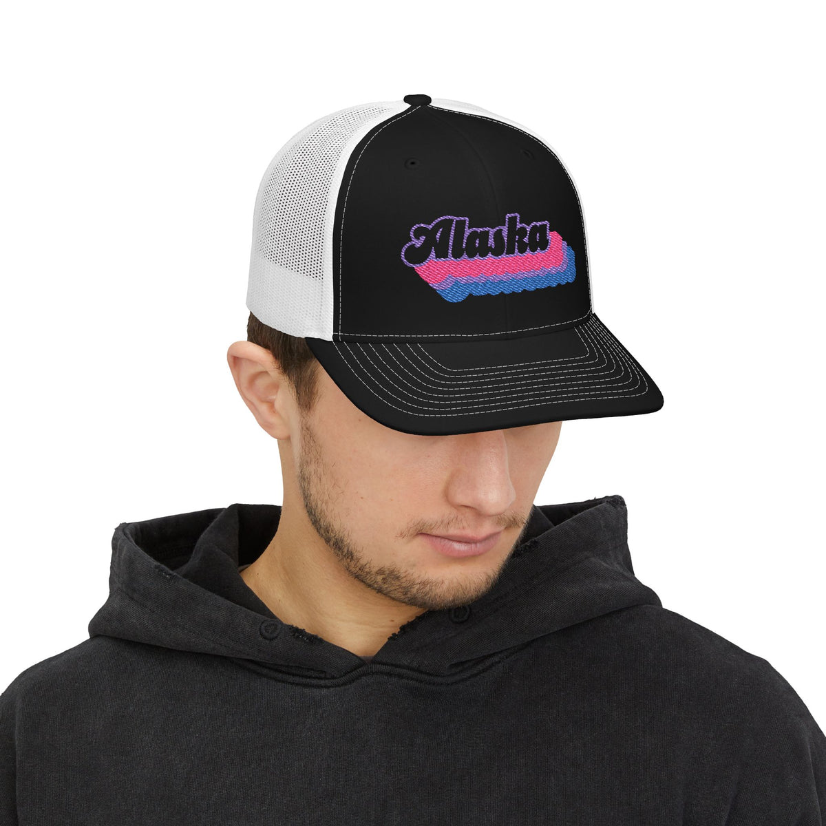 Alaska Bisexual Pride Stack Embroidered Trucker, Snapback Trucker Cap, Black front with White mesh in back