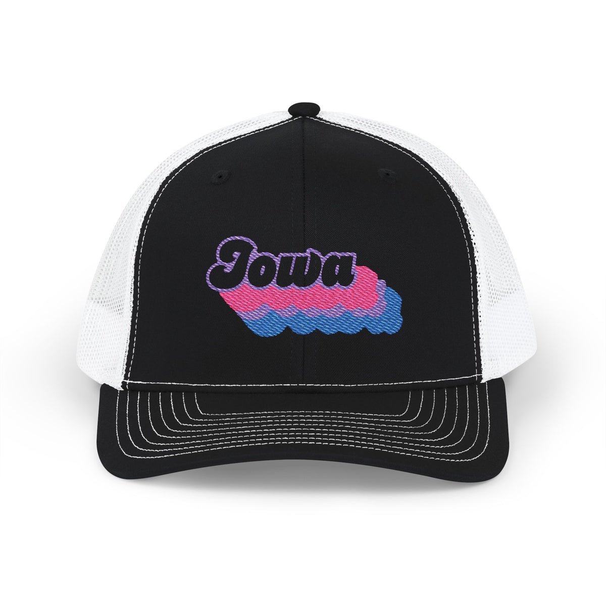 Iowa Bisexual Pride Stack Embroidered Trucker, Snapback Trucker Cap, Black front with White mesh in back