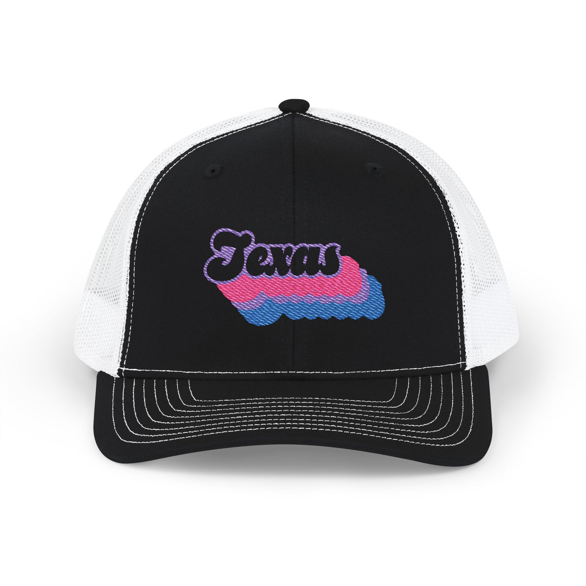 Texas Bisexual Pride Stack Embroidered Trucker, Snapback Trucker Cap, Black front with White mesh in back