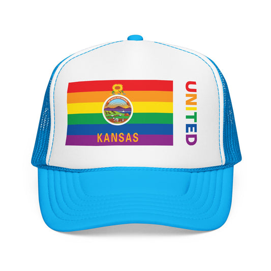 Kansas Rainbow Pride Flag "UNITED" Printed Foam Trucker Hat, Several Color Options