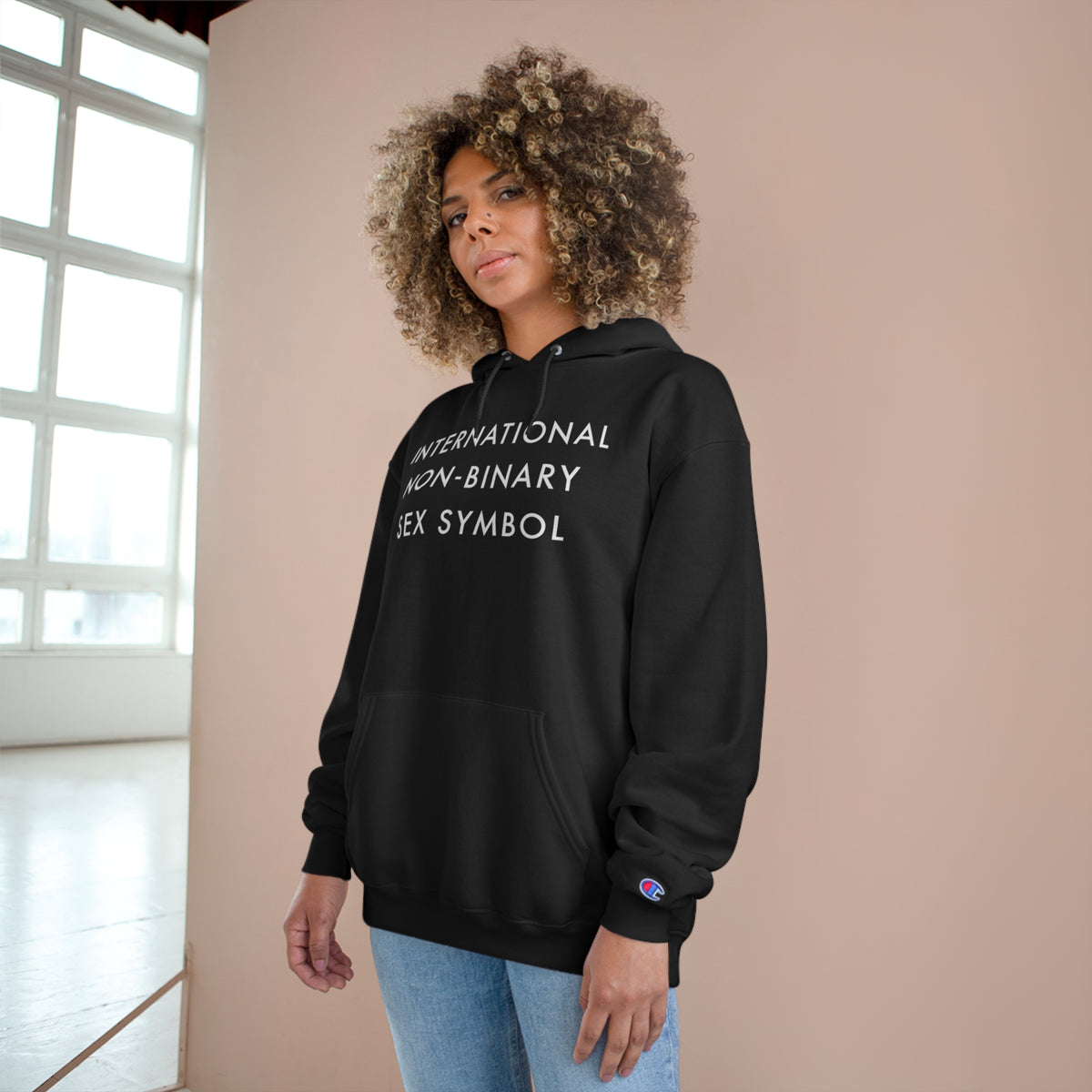 International Non-Binary Sex Symbol Hoodie (Champion®) - Black and Charcoal Heather with White Deco